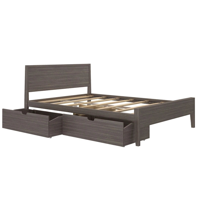 Lit queen-size blanc/argile avec tête de lit à panneaux et tiroirs de rangement – 2 places
