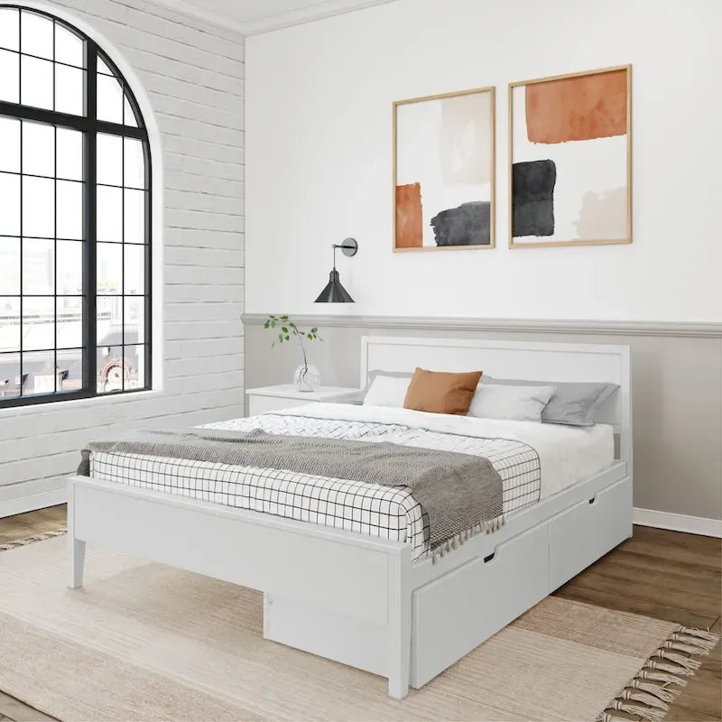 Lit queen-size blanc/argile avec tête de lit à panneaux et tiroirs de rangement – 2 places
