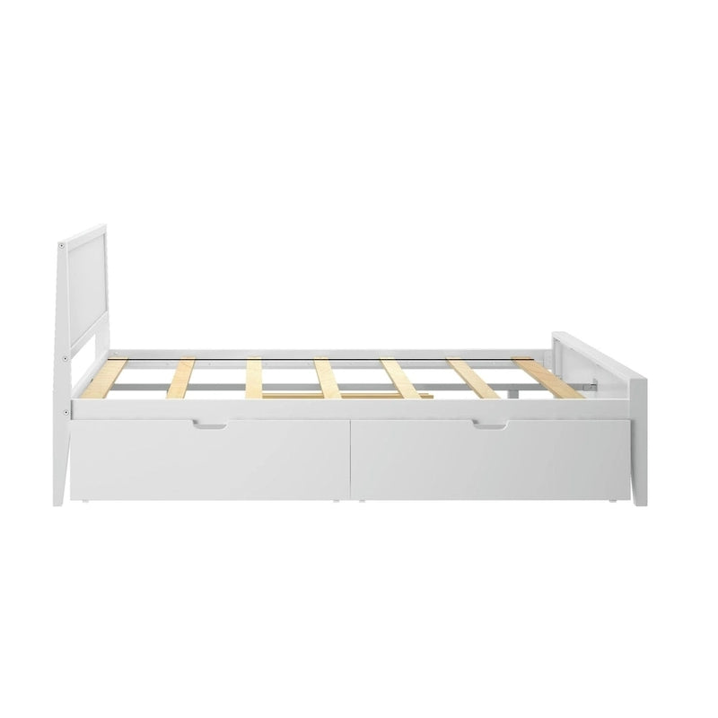 Lit queen-size blanc/argile avec tête de lit à panneaux et tiroirs de rangement – 2 places