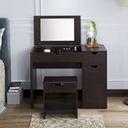 Ensemble de coiffeuse et tabouret de rangement pour 1 personne en noyer foncé, 36 po