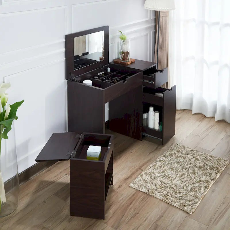 Ensemble de coiffeuse et tabouret de rangement pour 1 personne en noyer foncé, 36 po