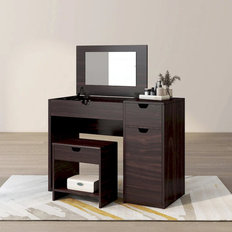 Ensemble de coiffeuse et tabouret de rangement pour 1 personne en noyer foncé, 36 po