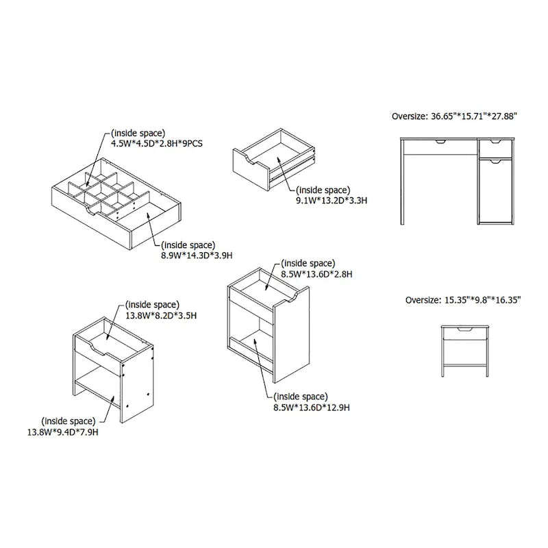 Ensemble de coiffeuse et tabouret de rangement pour 1 personne en noyer foncé, 36 po