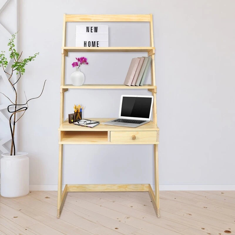 Bureau échelle bicolore blanc naturel avec tiroir, pour une personne