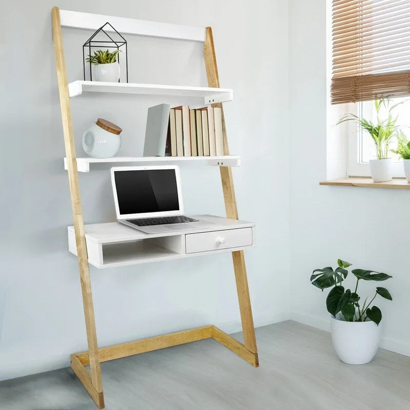 Bureau échelle bicolore blanc naturel avec tiroir, pour une personne