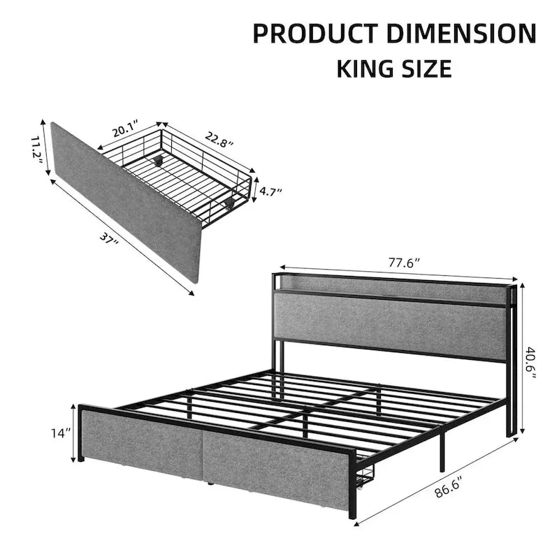 Cadre de lit plateforme King gris avec rangement et station de recharge
