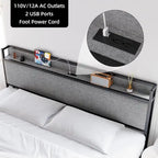 Cadre de lit plateforme King gris avec rangement et station de recharge