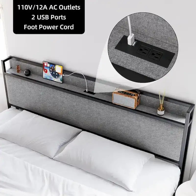Cadre de lit plateforme King gris avec rangement et station de recharge