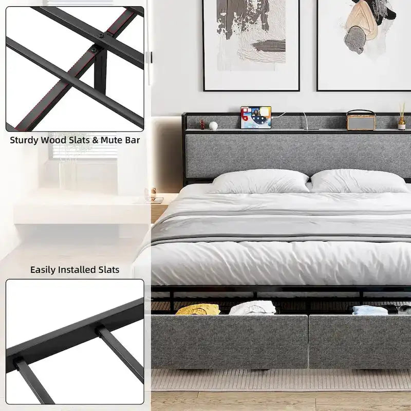 Cadre de lit plateforme King gris avec rangement et station de recharge