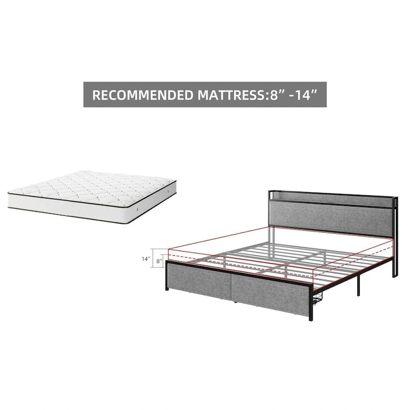 Cadre de lit plateforme King gris avec rangement et station de recharge