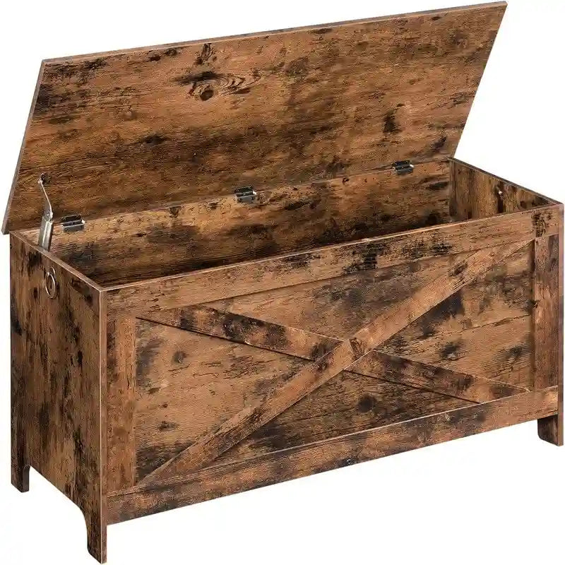 Banc de rangement style porte de grange, 2 places — Blanc / Greige / Marron rustique