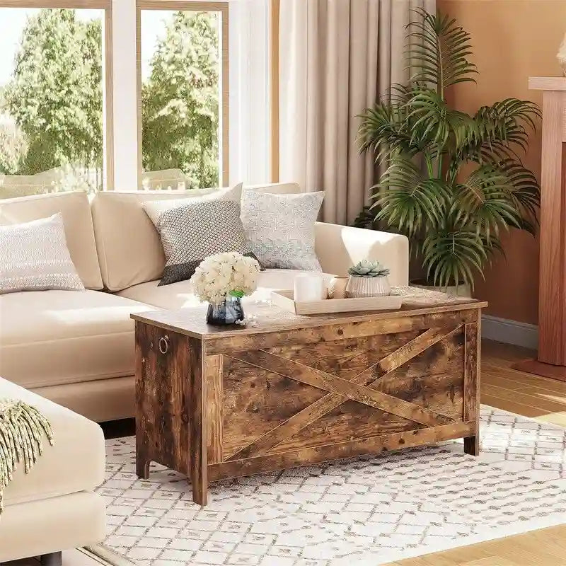 Banc de rangement style porte de grange, 2 places — Blanc / Greige / Marron rustique