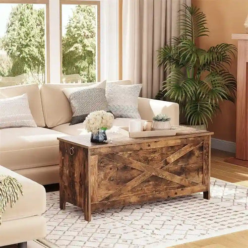 Banc de rangement style porte de grange, 2 places — Blanc / Greige / Marron rustique