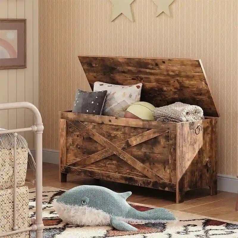 Banc de rangement style porte de grange, 2 places — Blanc / Greige / Marron rustique
