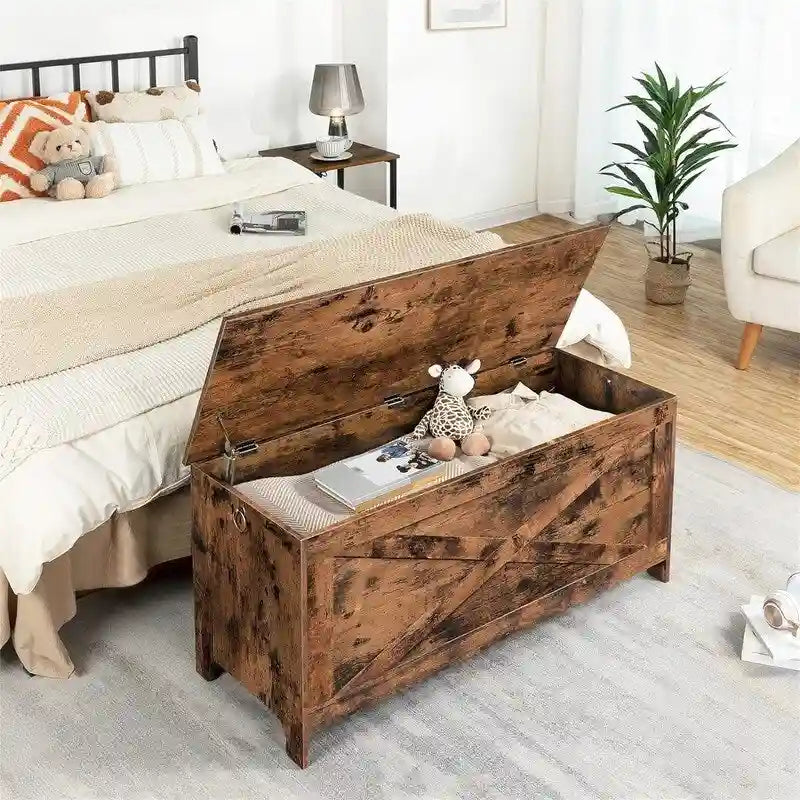 Banc de rangement style porte de grange, 2 places — Blanc / Greige / Marron rustique