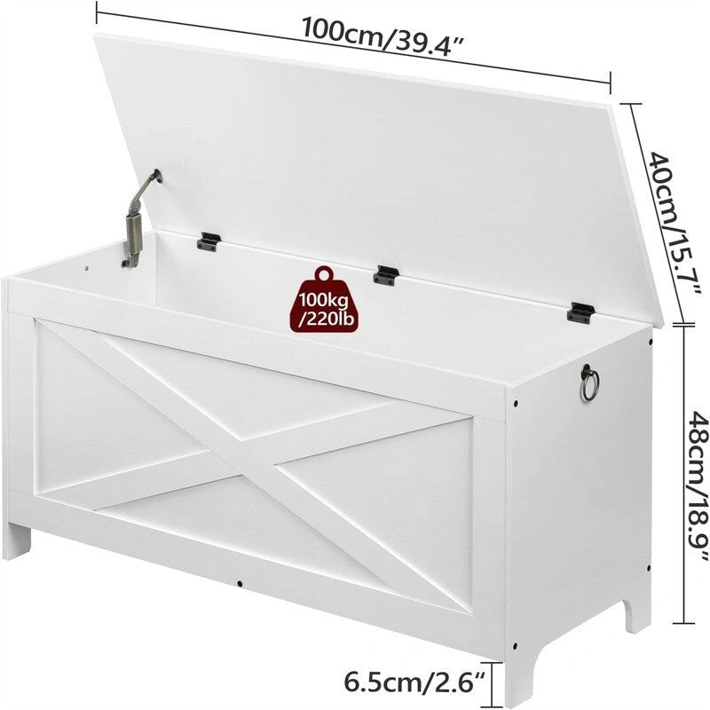 Banc de rangement style porte de grange, 2 places — Blanc / Greige / Marron rustique
