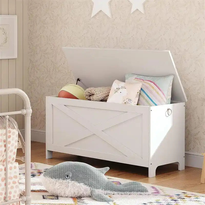Banc de rangement style porte de grange, 2 places — Blanc / Greige / Marron rustique