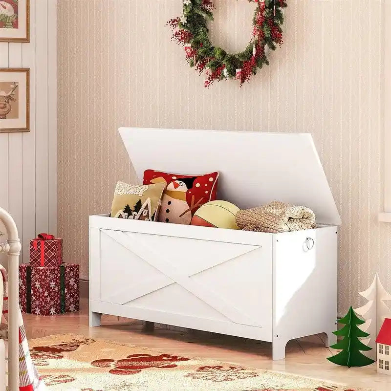 Banc de rangement style porte de grange, 2 places — Blanc / Greige / Marron rustique