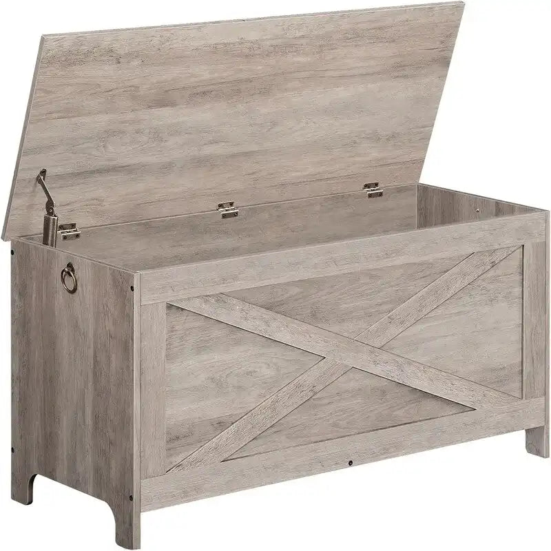 Banc de rangement style porte de grange, 2 places — Blanc / Greige / Marron rustique