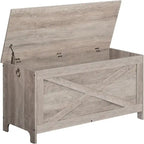 Banc de rangement style porte de grange, 2 places — Blanc / Greige / Marron rustique