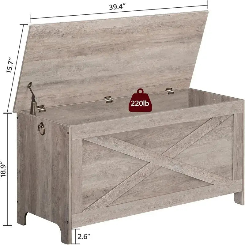 Banc de rangement style porte de grange, 2 places — Blanc / Greige / Marron rustique