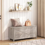 Banc de rangement style porte de grange, 2 places — Blanc / Greige / Marron rustique
