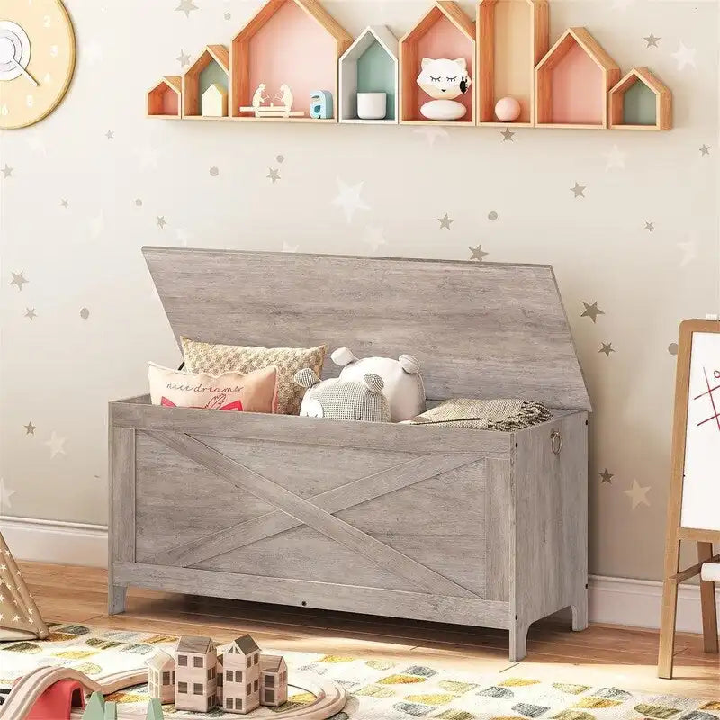 Banc de rangement style porte de grange, 2 places — Blanc / Greige / Marron rustique