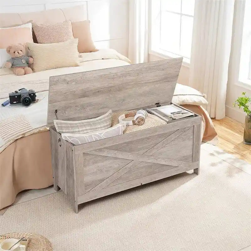 Banc de rangement style porte de grange, 2 places — Blanc / Greige / Marron rustique
