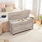 Banc de rangement style porte de grange, 2 places — Blanc / Greige / Marron rustique