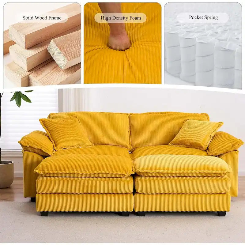 Canapé deux places en velours côtelé gris/jaune/blanc/orange/vert avec pouf