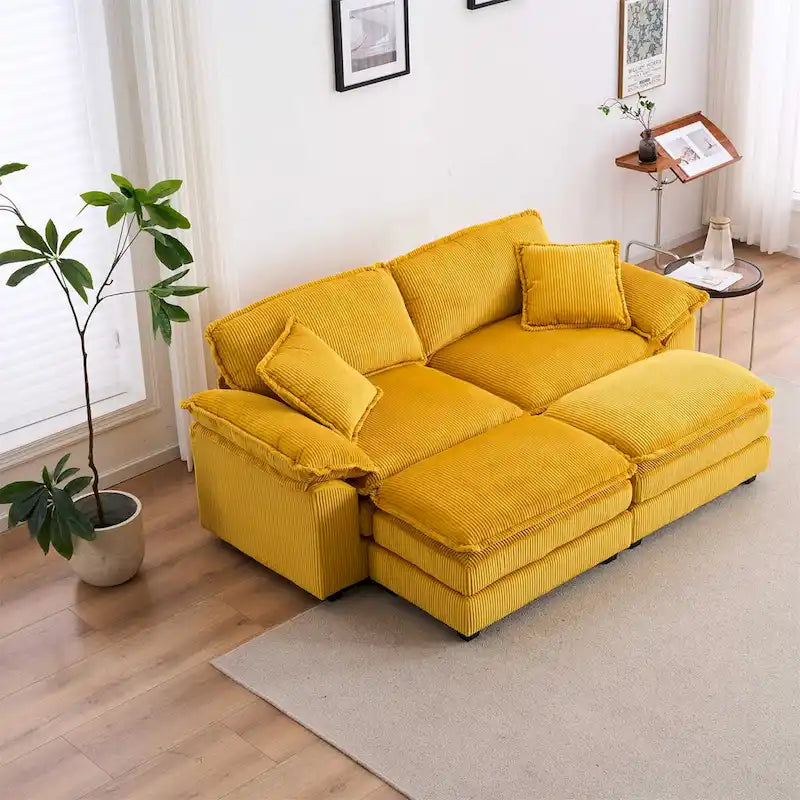Canapé deux places en velours côtelé gris/jaune/blanc/orange/vert avec pouf