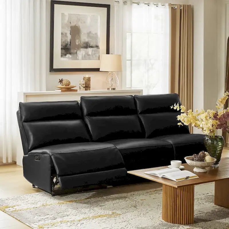 Canapé d'angle inclinable électrique en cuir véritable noir/chameau avec ports USB et Type-C, 6 places