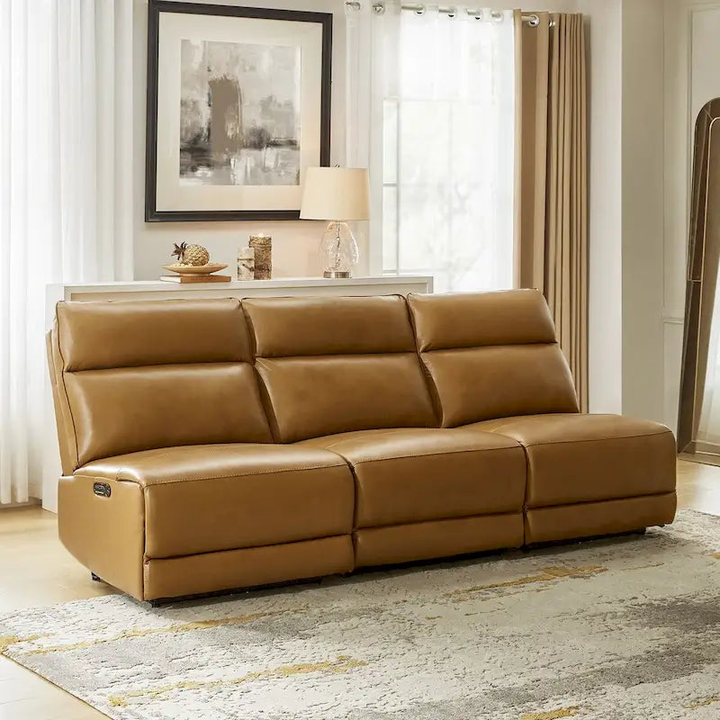 Canapé d'angle inclinable électrique en cuir véritable noir/chameau avec ports USB et Type-C, 6 places