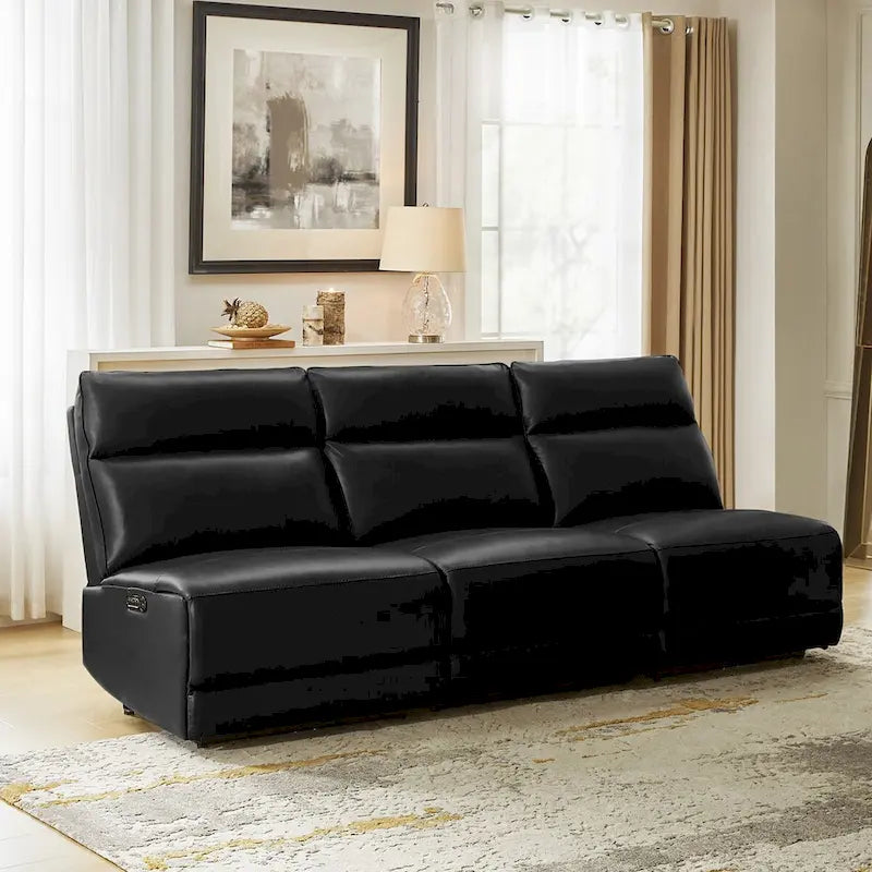 Canapé d'angle inclinable électrique en cuir véritable noir/chameau avec ports USB et Type-C, 6 places