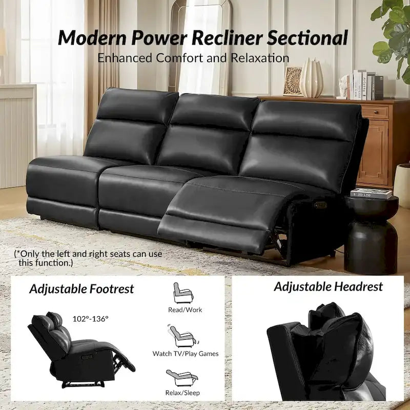 Canapé d'angle inclinable électrique en cuir véritable noir/chameau avec ports USB et Type-C, 6 places