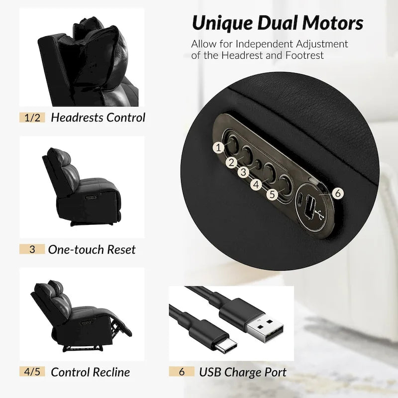 Canapé d'angle inclinable électrique en cuir véritable noir/chameau avec ports USB et Type-C, 6 places