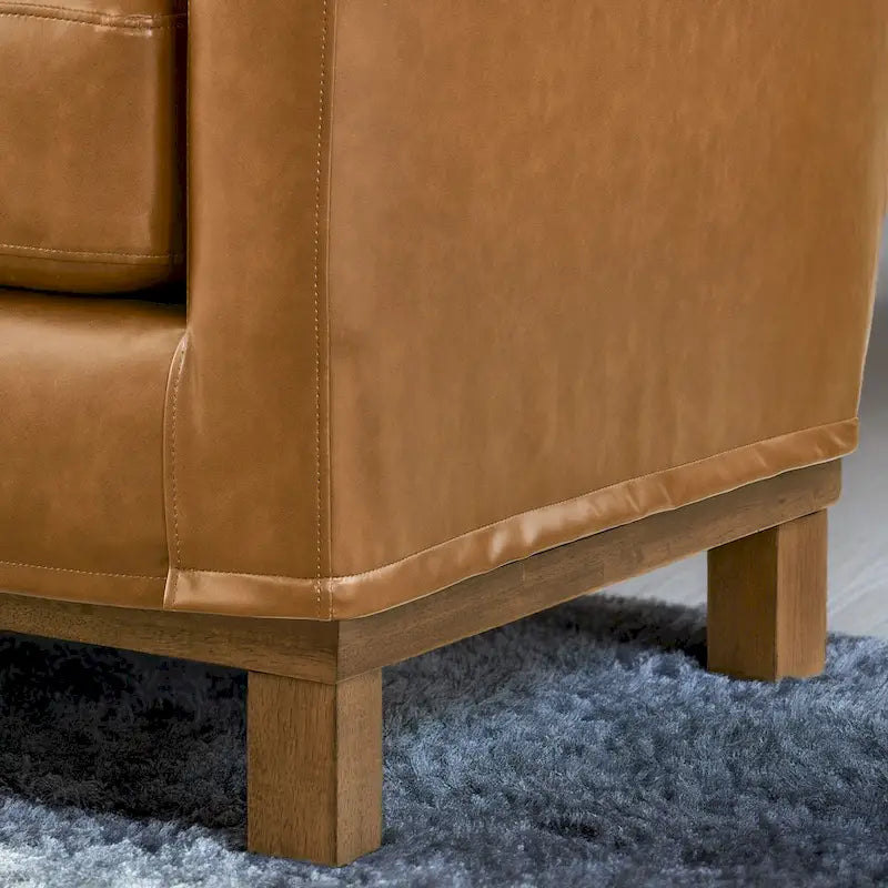 Canapé 3 places rembourré en Faux Cuir Marron / Avoine avec accoudoirs droits et piètement en bois