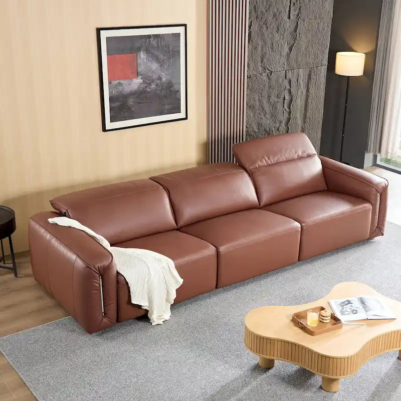 Canapé 3 places en cuir marron/bleu gris, motif ligne moderne