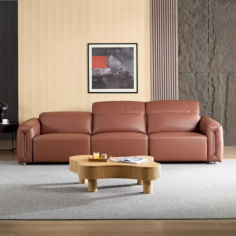 Canapé 3 places en cuir marron/bleu gris, motif ligne moderne