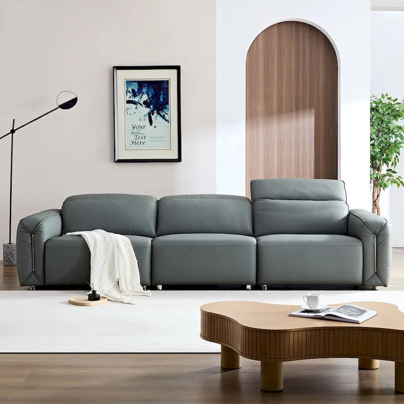 Canapé 3 places en cuir marron/bleu gris, motif ligne moderne