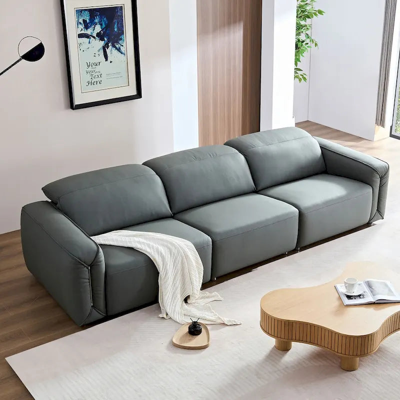 Canapé 3 places en cuir marron/bleu gris, motif ligne moderne