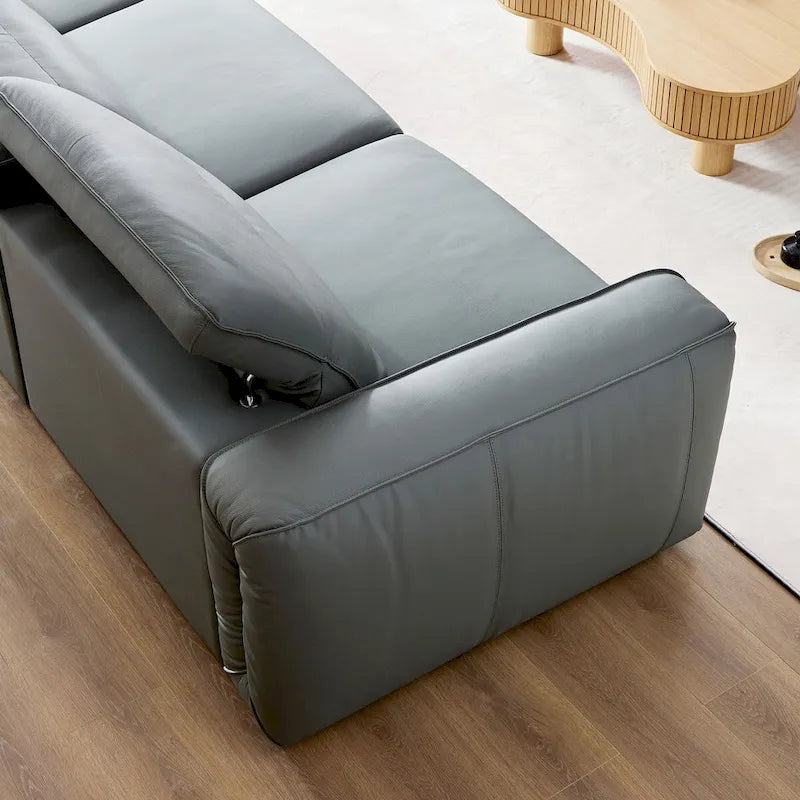 Canapé 3 places en cuir marron/bleu gris, motif ligne moderne