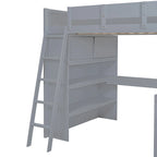 Lit mezzanine double avec bureau et étagère – Gris / Blanc – Convient pour 1 personne