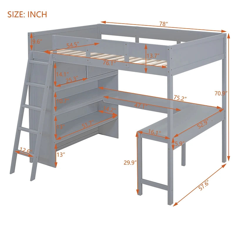 Lit mezzanine double avec bureau et étagère – Gris / Blanc – Convient pour 1 personne