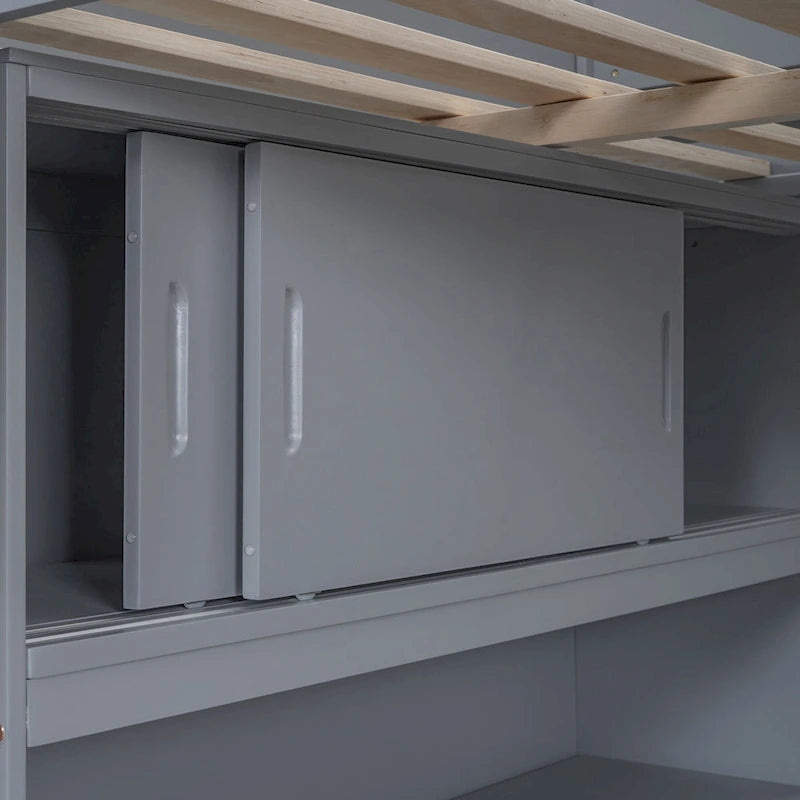 Lit mezzanine double avec bureau et étagère – Gris / Blanc – Convient pour 1 personne