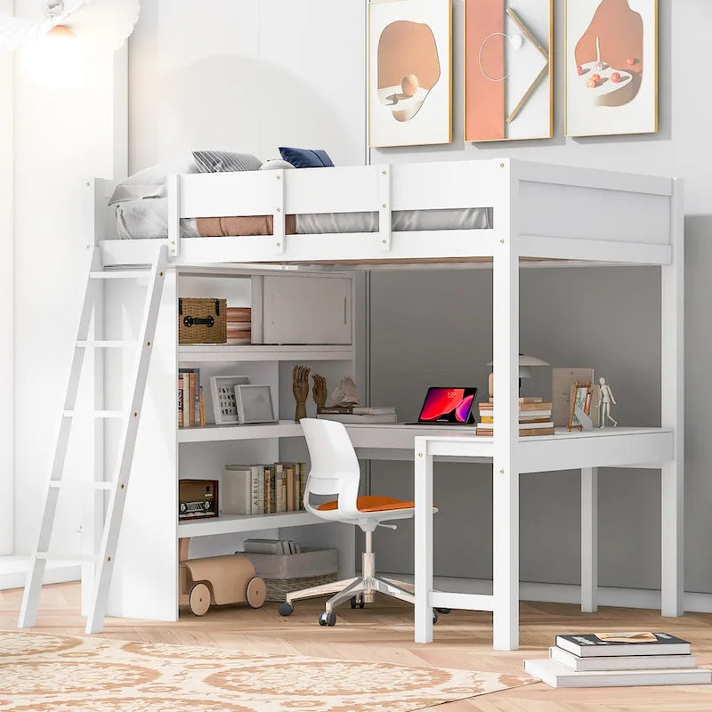 Lit mezzanine double avec bureau et étagère – Gris / Blanc – Convient pour 1 personne