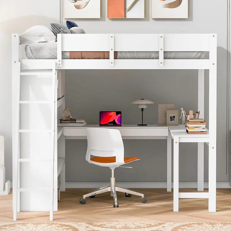 Lit mezzanine double avec bureau et étagère – Gris / Blanc – Convient pour 1 personne