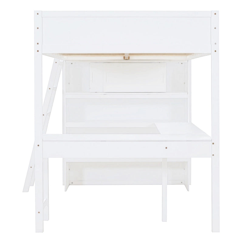 Lit mezzanine double avec bureau et étagère – Gris / Blanc – Convient pour 1 personne