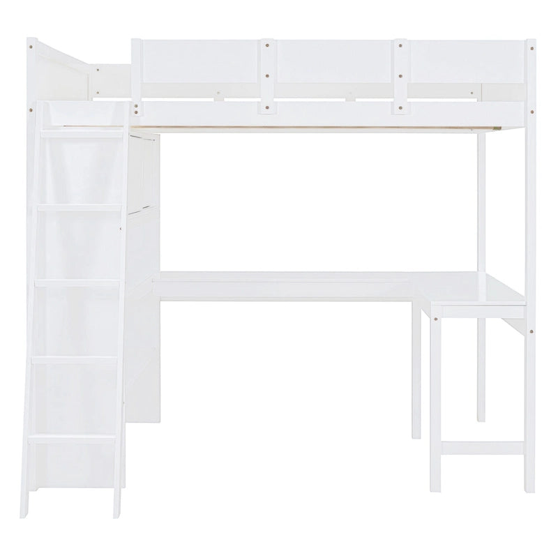 Lit mezzanine double avec bureau et étagère – Gris / Blanc – Convient pour 1 personne