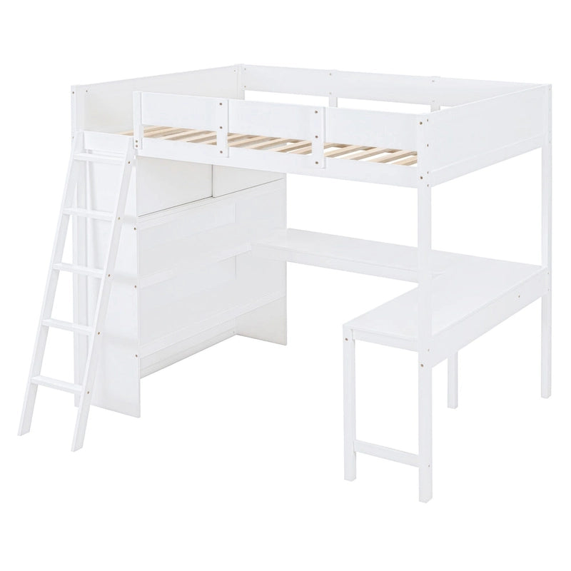 Lit mezzanine double avec bureau et étagère – Gris / Blanc – Convient pour 1 personne